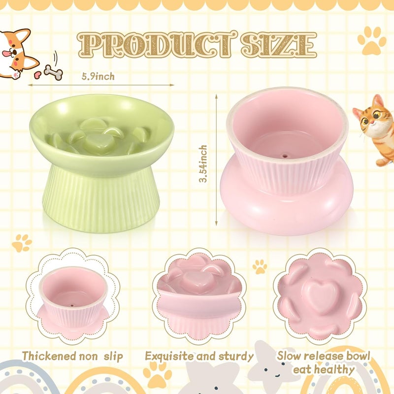 Layhit 2 Pack Raised Slow Feeder Cat Bowls Ceramic Elevated Cat Food Bowls Anti Vomiting Slow Feeder for Dog and Kitten for Dry and Wet Food(Green, Pink) - Image 2